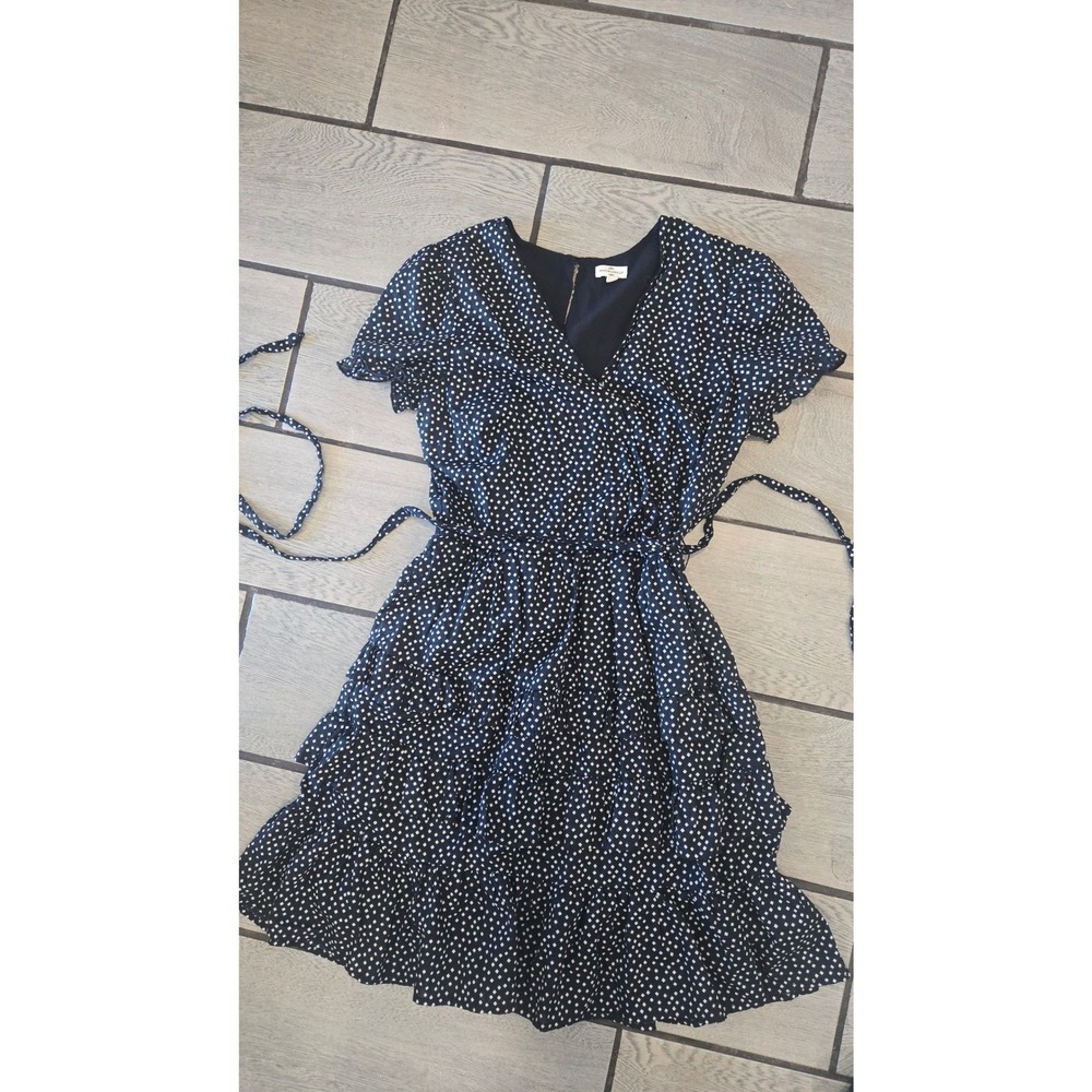Mason & Belle Navy White Diamond Print Ruffle Wrap Dress Womens Medium Short Slv